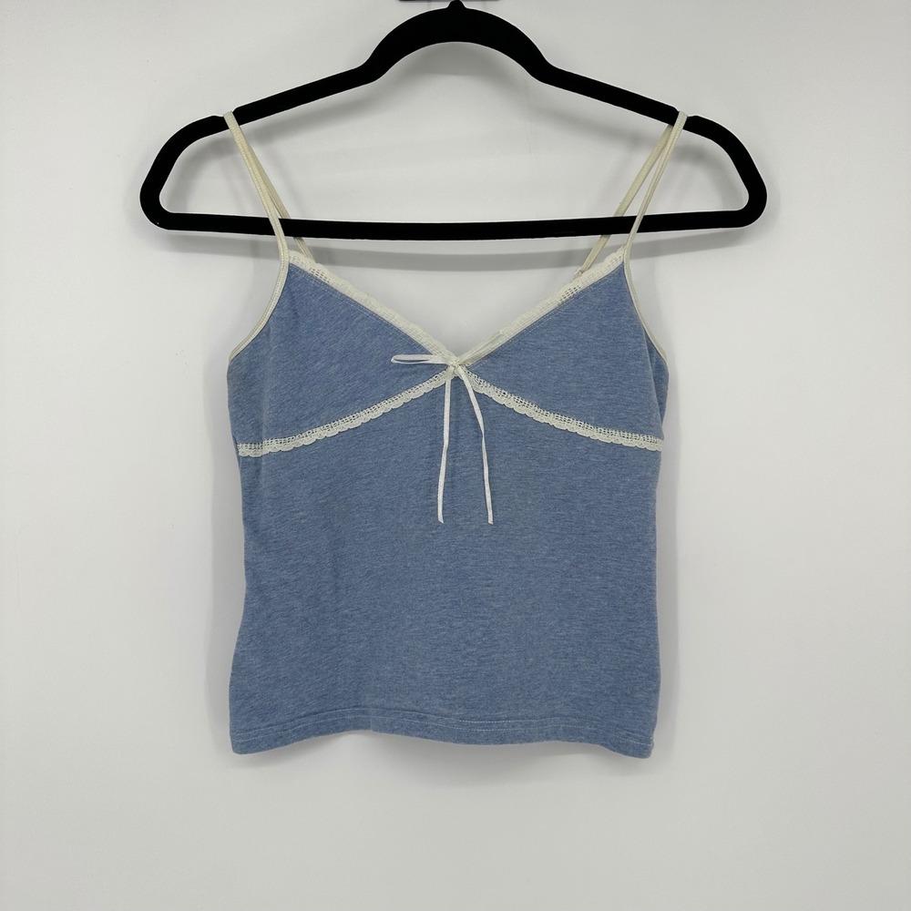 Y2K Xhilaration Blue Cami Camisole Tank Top Lace Trim Bow Detail VTG 2000s S/M